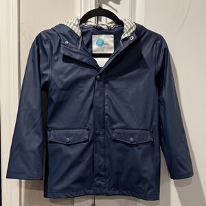 Mini Boden Nautical Navy kids Raincoat with Striped Hood size 7-8